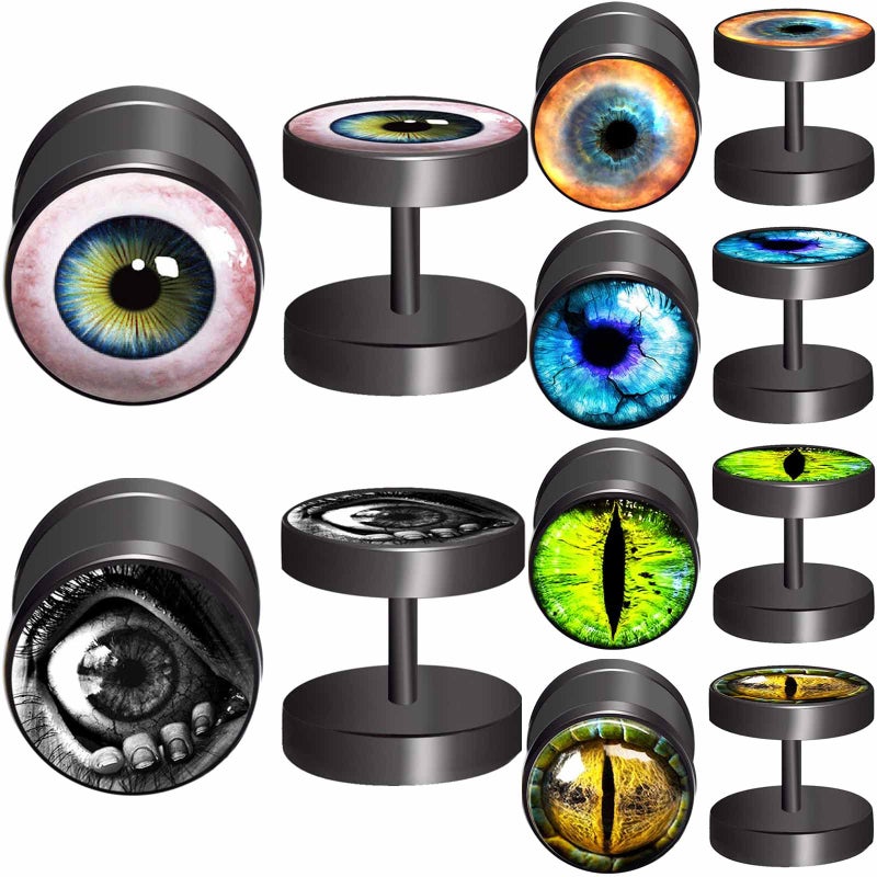 FLYUN 6Pairs Black Surgical Steel Eyeball Mens Earring Fake Gauge Earrings Men's Faux Plugs Earring for Men Studs with Screw Flatback (Black) - Image 1