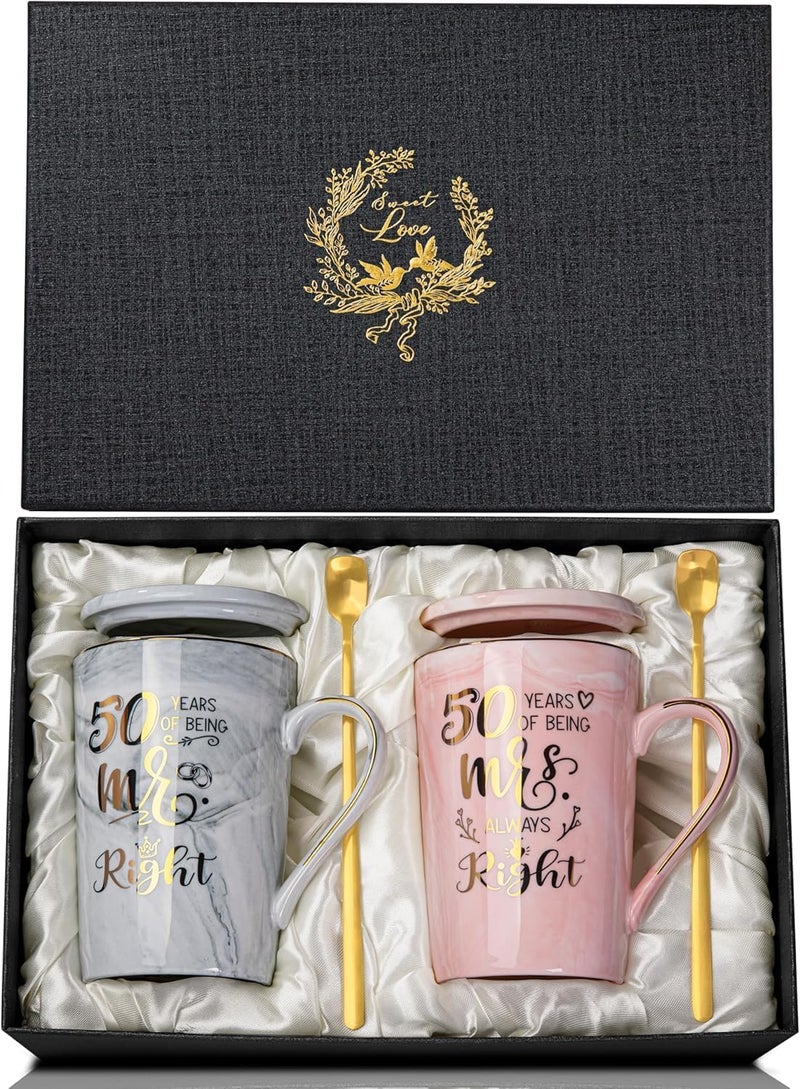 ALBISS Globally popular elegant design 50th Wedding Anniversary Coffee Mugs Set, Unique Cups Set, 14oz Gold Print Ceramic Couples Cups with Lid Spoon Card Gift Box for Couples, Parents, Grandparents, Grandpa, Grandma Repeated use friendly design - Image 1