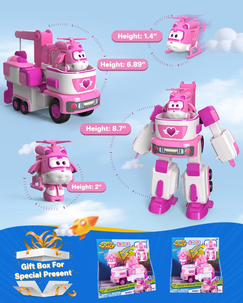 Super Wings - 7' Dizzy's Rescue Tow with 2' Pink Transform-a-Bot Mini Figure,Transforming Airplane Toy Vehicle Set,Toy for 3 4 5 Year Old Boys and Girls,US720314 - Image 5