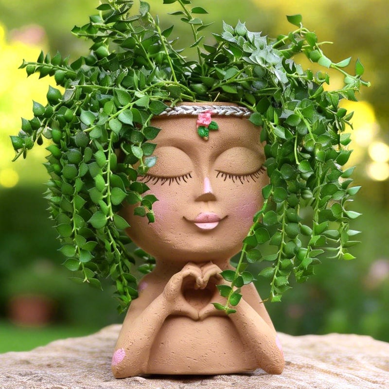 Meltset M Face Planter Pot with Heart Hands, Resin Head Planter for Indoor Plants, Cute Succulent Pots with Drainage Hole, Gardening Gifts for Women Mom Teacher, 7.3" Home Decor (Brown) - Image 1