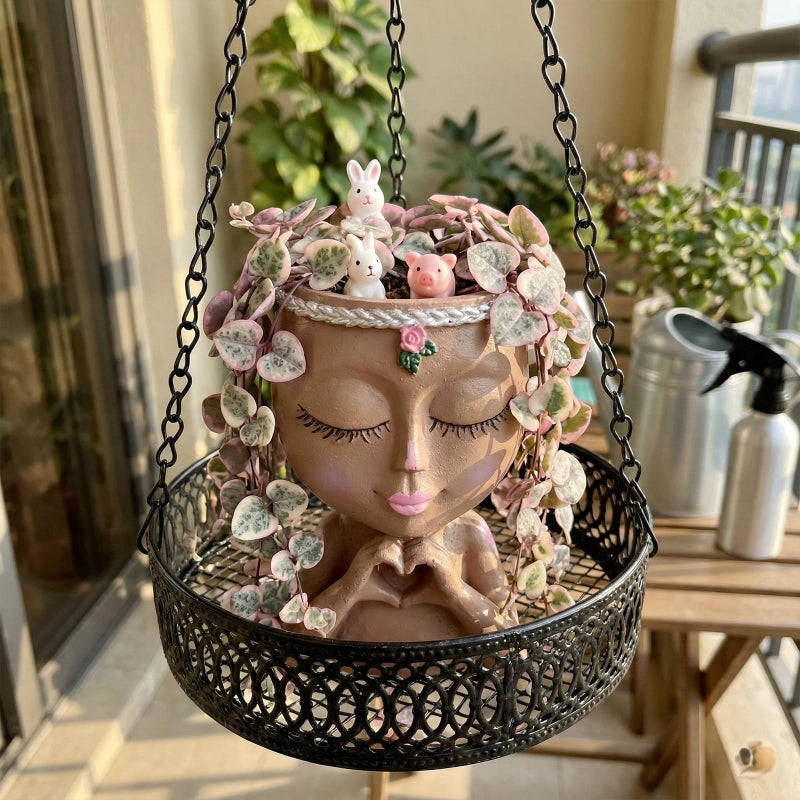 Meltset M Face Planter Pot with Heart Hands, Resin Head Planter for Indoor Plants, Cute Succulent Pots with Drainage Hole, Gardening Gifts for Women Mom Teacher, 7.3" Home Decor (Brown) - Image 5