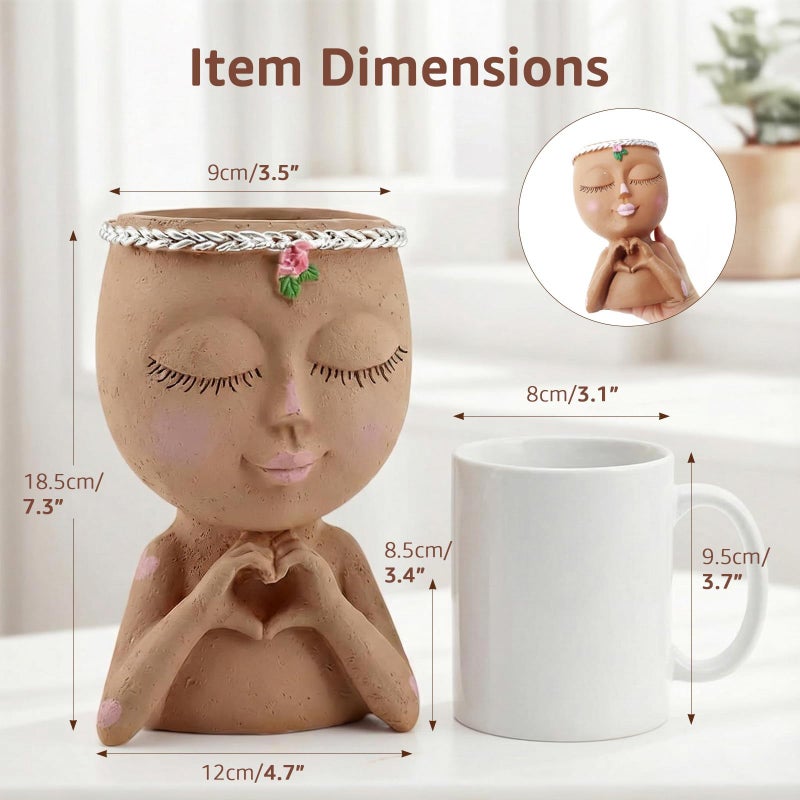 Meltset M Face Planter Pot with Heart Hands, Resin Head Planter for Indoor Plants, Cute Succulent Pots with Drainage Hole, Gardening Gifts for Women Mom Teacher, 7.3" Home Decor (Brown) - Image 2
