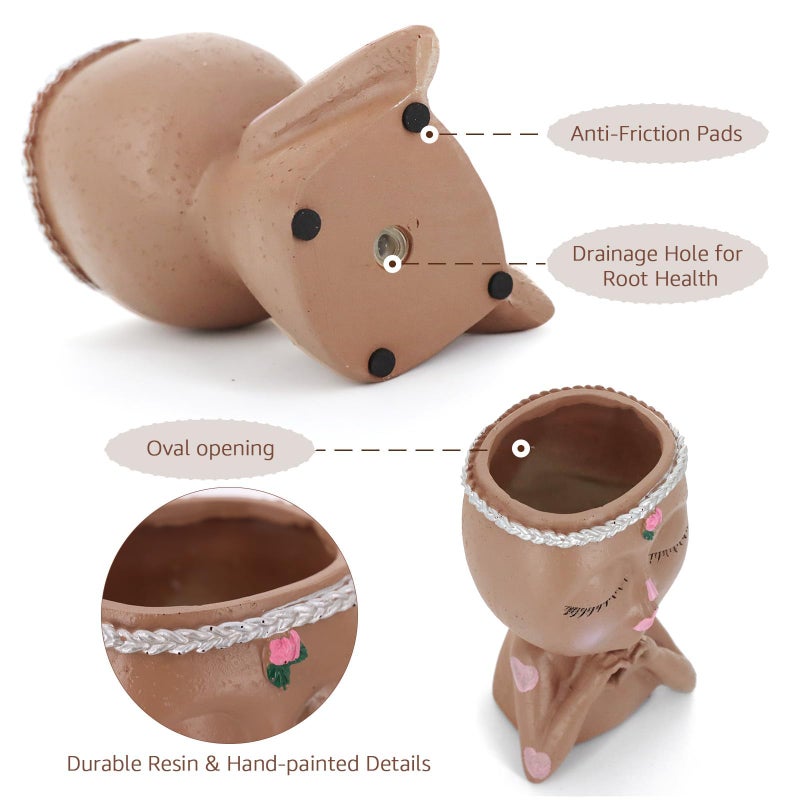Meltset M Face Planter Pot with Heart Hands, Resin Head Planter for Indoor Plants, Cute Succulent Pots with Drainage Hole, Gardening Gifts for Women Mom Teacher, 7.3" Home Decor (Brown) - Image 3