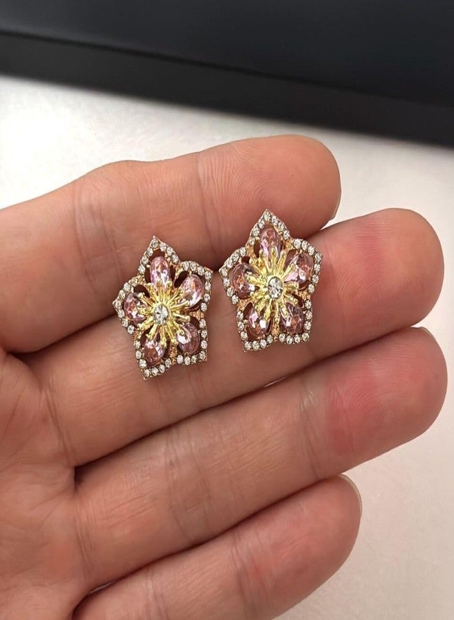 Flygon Crystal Flower Stud Earrings Bohemian Vintage Elegant Gold Rhinestone Petal Earrings Bridal Wedding Party Prom Costume Jewelry for Women Birthday Gift - Image 4