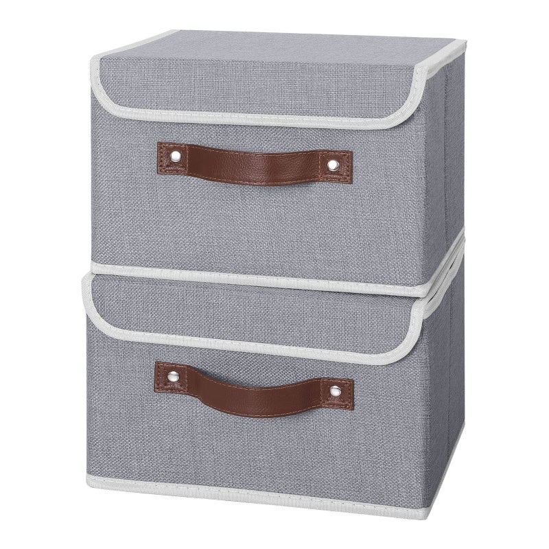 Anminy 2Pcs Storage Bins With Lid Pu Leather Handles Storage Boxes Pp Plastic Board Decorative Foldable Lidded Cotton Linen Fabric Home Cubes Baskets Closet Organizer Containers - Gray  Small Size - Image 2
