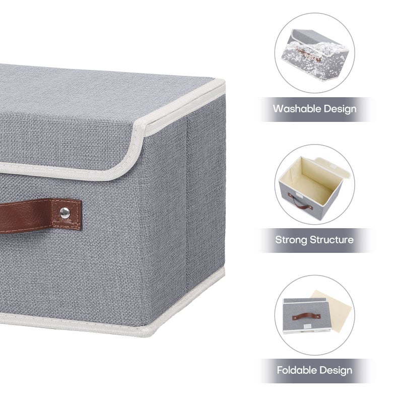 Anminy 2Pcs Storage Bins With Lid Pu Leather Handles Storage Boxes Pp Plastic Board Decorative Foldable Lidded Cotton Linen Fabric Home Cubes Baskets Closet Organizer Containers - Gray  Small Size - Image 4