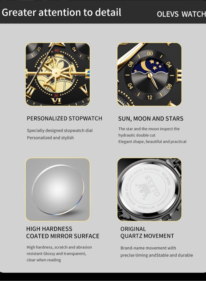 OLEVS Watch for Men Top Original Quartz Men's Watches Classic Roman Scale Dial Moon Phase Waterproof Luminous Luxury Wrist Watch for Male - Image 4