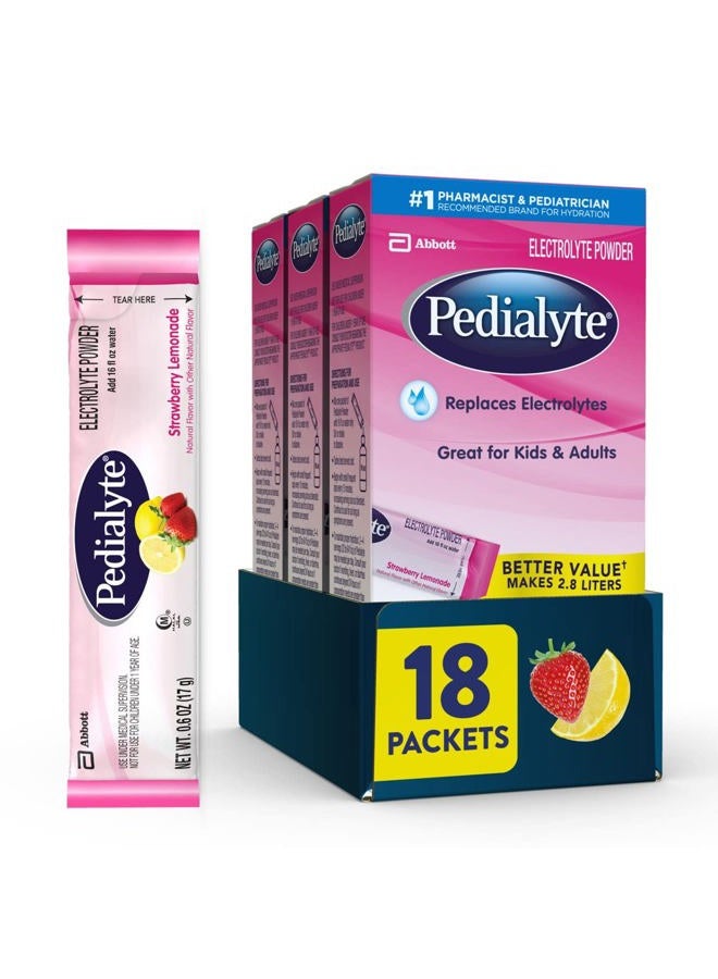 Pedialyte عبوات مسحوق الإلكتروليت، ليمون الفراولة، مشروب الترطيب، 18 عبوة مسحوق بحجم حصة واحدة - Image 1