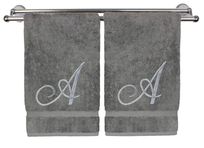 Monogrammed Hand Towel Personalized Gift 16 x 30 Inches  Set of 2  Silver Embroidered Towel  Extra Absorbent 100 Turkish Cotton Soft Terry Finish  for Bathroom Kitchen and Spa Script A Gray