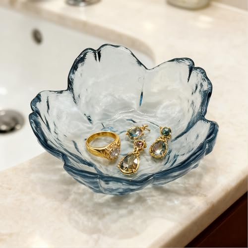 BESSKON Flower Ring Dish Jewelry Tray, Glass Jewelry Dish Tray, Aesthetic Room Decor Small Trinket Dish, Nightstand Jewlery Ring Holder Dish, Bathroom Jewelry Plate Bowl for Rings Earrings Wife Gift (Blue) - Image 4