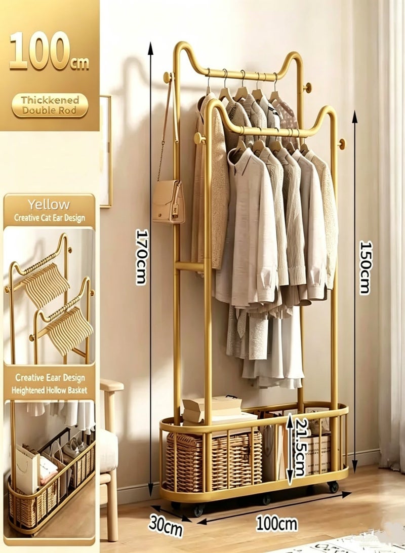 Double Rods Clothes hanging rack With Wheels, Heavy Duty Clothes Racks For Hanging Clothes, Metal Freestanding Garment Racks, Portable Closet Rack For Bedroom Laundry Room(Yellow,100cm) - Image 1