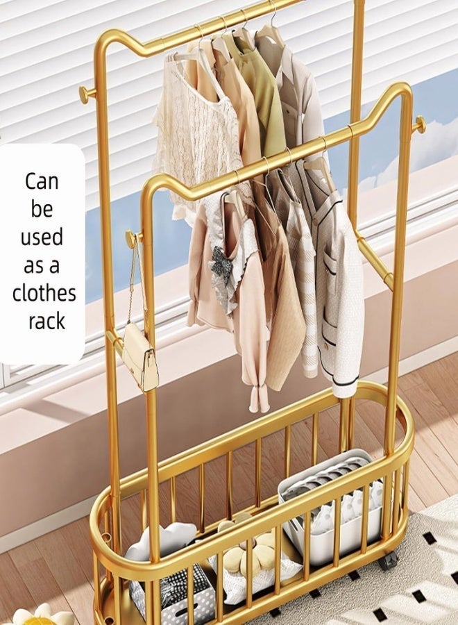 Double Rods Clothes hanging rack With Wheels, Heavy Duty Clothes Racks For Hanging Clothes, Metal Freestanding Garment Racks, Portable Closet Rack For Bedroom Laundry Room(Yellow,100cm) - Image 4
