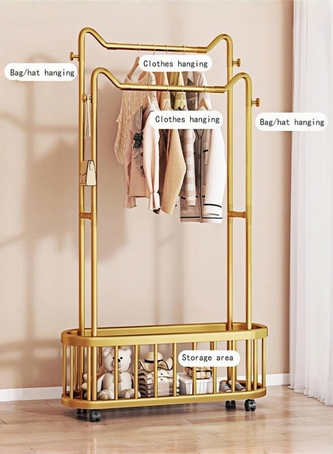 Double Rods Clothes hanging rack With Wheels, Heavy Duty Clothes Racks For Hanging Clothes, Metal Freestanding Garment Racks, Portable Closet Rack For Bedroom Laundry Room(Yellow,100cm) - Image 2