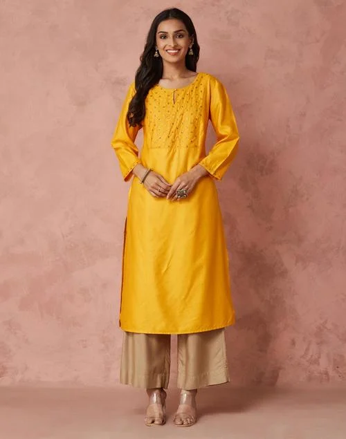 Fabindia Yellow Viscose Silk Embroidered Long Kurta