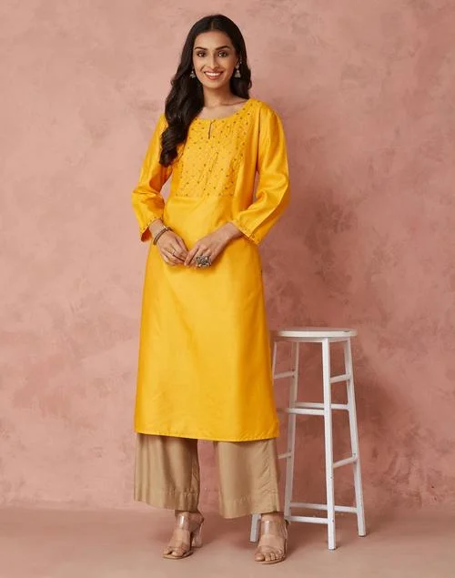 Fabindia Yellow Viscose Silk Embroidered Long Kurta