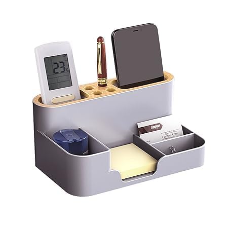 karomouj Multifunction Stationery Storage Box Desk Organizer with 6 Compartments Perfect for Office Supplies, Makeup Kit, Stationery, Mobile Holder and More! (Grey Color Pack Of 1) - Image 1
