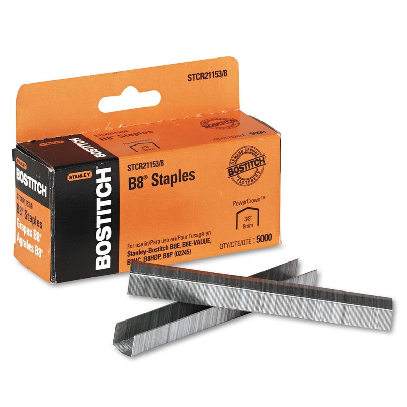 Bostitch Office B8 PowerCrown Staples, 0.375 Inch Leg, 45 Sheet Capacity, 5,000 Per Box (STCR21153/8), Silver - Image 1