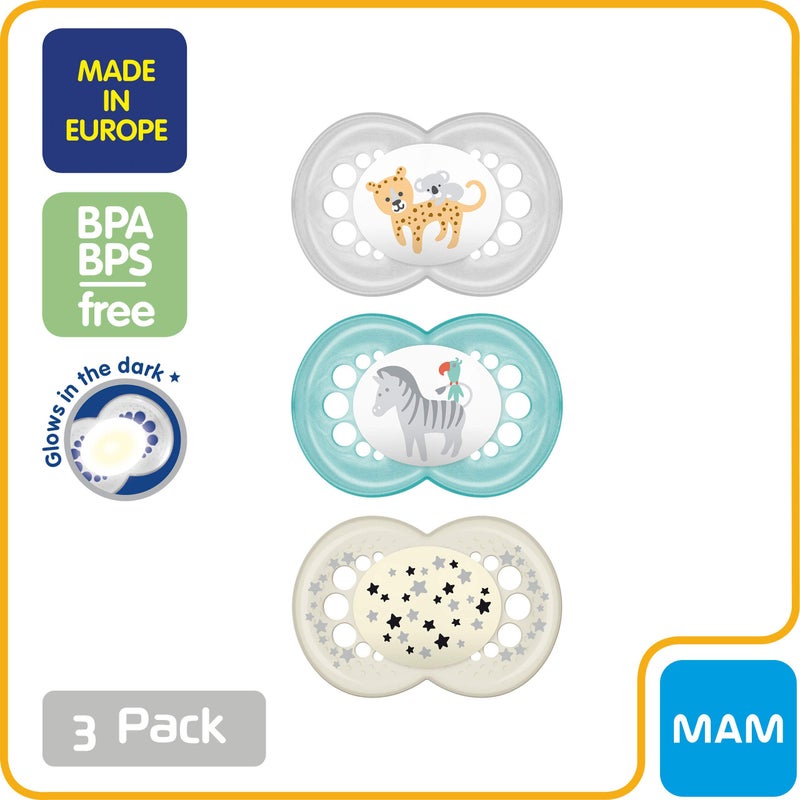 MAM Original Day & Night Baby Pacifier, Nipple Shape Helps Promote Healthy Oral Development, Glows in The Dark, 3 Pack, 6-16 Months, Boy,3 Count (Pack of 1) - Image 2