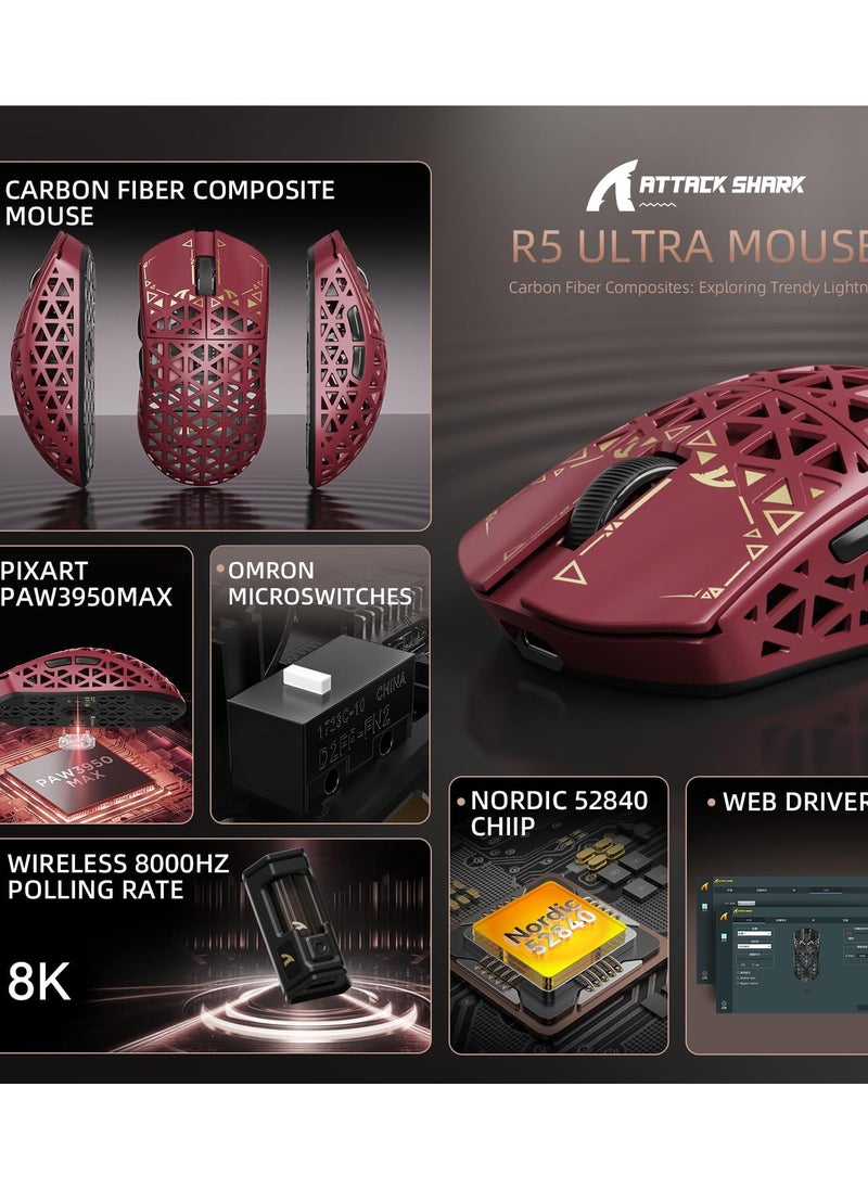 Attack Shark R5Ultra 8K Carbon Fiber Wireless Gaming Mouse with 42,000 DPI -PAW3950 MAX Sensor -39g Ultra-Lightweight -Nordic52840 -Wired/BT/2.4GHz Wirelss Programmable Mouse for PC/Mac  - Image 2