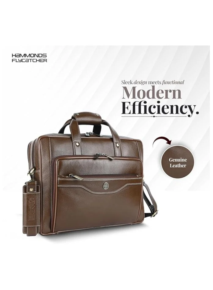 HAMMONDS FLYCATCHER Men's Genuine Leather Office Bag with Trolley Strap - Men's Laptop Bag with 15.6-inch Laptop Compartment - Adjustable Strap