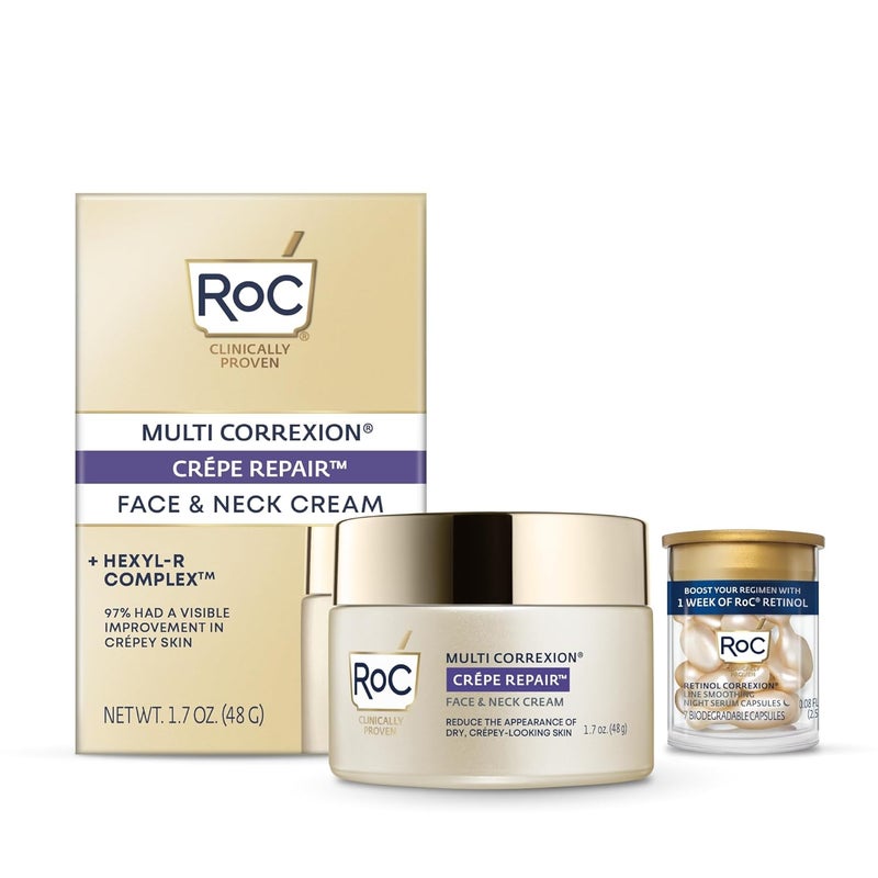 RoC Crepe Repair Anti Aging Daily Face Moisturizer Neck Firming Cream 17 oz RoC Retinol Wrinkle Smoothing Capsules 7 CT Skin Care Routine for Women and Men - Image 1