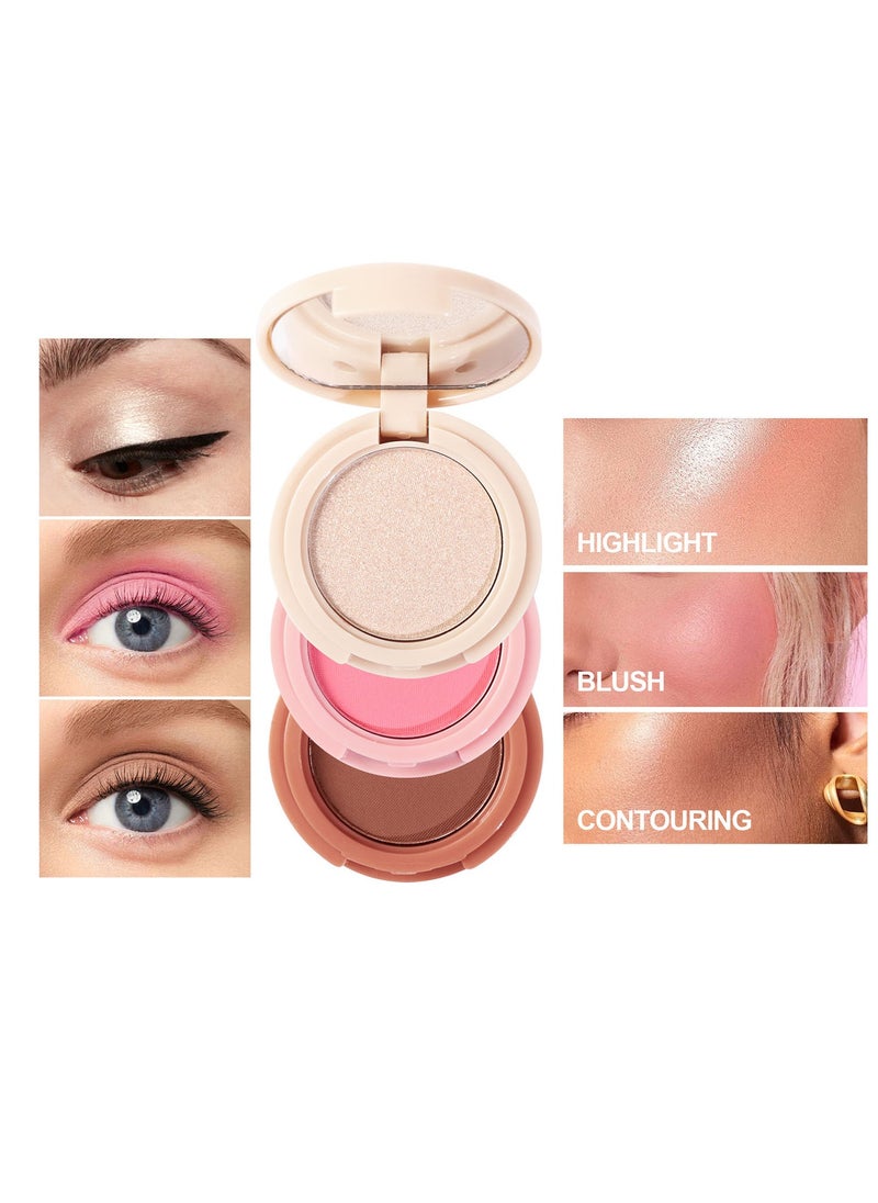 Handaiyan 3 In 1 Highlight Brush Contouring Powder Cheek For Face Blush Bronzer Palette Long-Lasting, Ultra-Thin, Natural And Bright Color Cushion Applicator Blendable Natural Makeup Face Blush  - Image 1