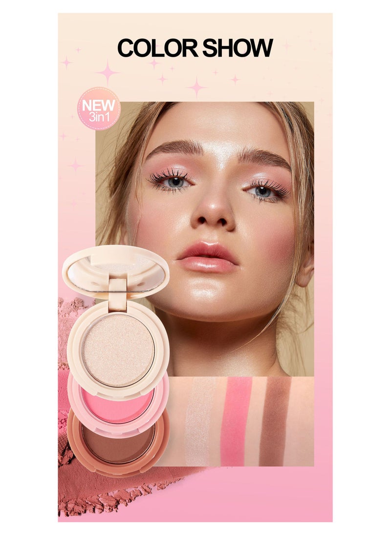 Handaiyan 3 In 1 Highlight Brush Contouring Powder Cheek For Face Blush Bronzer Palette Long-Lasting, Ultra-Thin, Natural And Bright Color Cushion Applicator Blendable Natural Makeup Face Blush  - Image 2