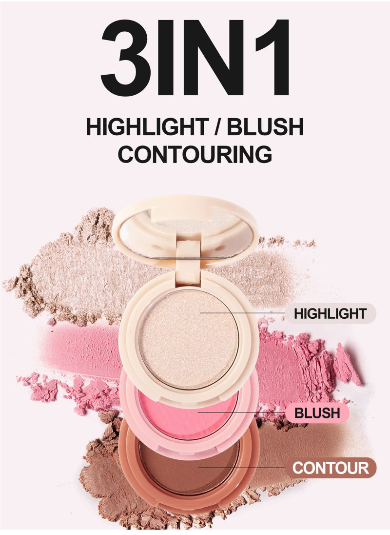 Handaiyan 3 In 1 Highlight Brush Contouring Powder Cheek For Face Blush Bronzer Palette Long-Lasting, Ultra-Thin, Natural And Bright Color Cushion Applicator Blendable Natural Makeup Face Blush  - Image 3