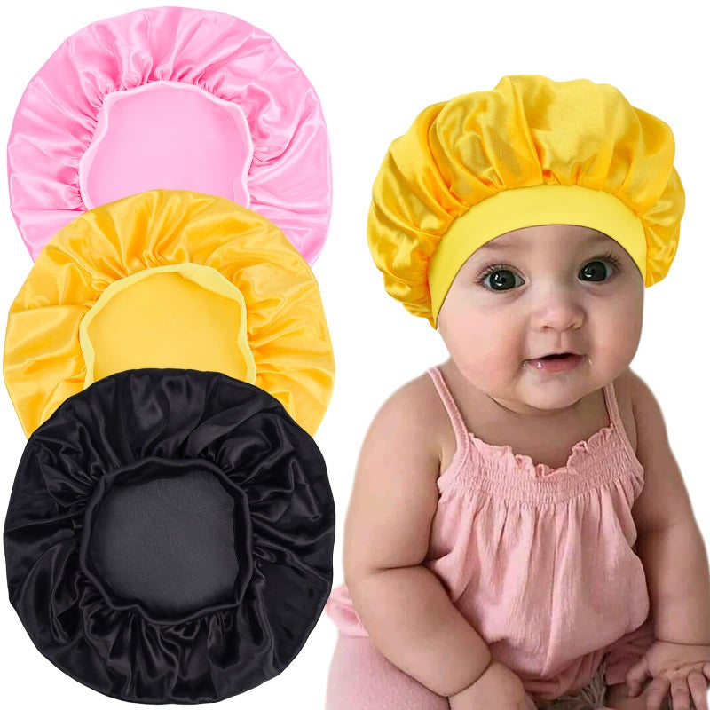 Aileam 3 Pieces Kids Satin Bonnet Sleeping Cap Silk Wide Band Night Hats Hair for Natural Hair Teens Toddler Child Baby