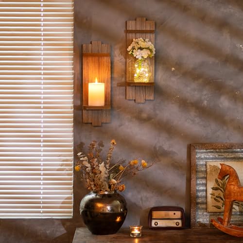 Walasis Wall Candle Holder for Farmhouse Wood Floating Shelves Candle Sconces Wall Decor Set of 2 Distressed Candle Holders for Small Vase Pillar Candles Tealight - Image 3