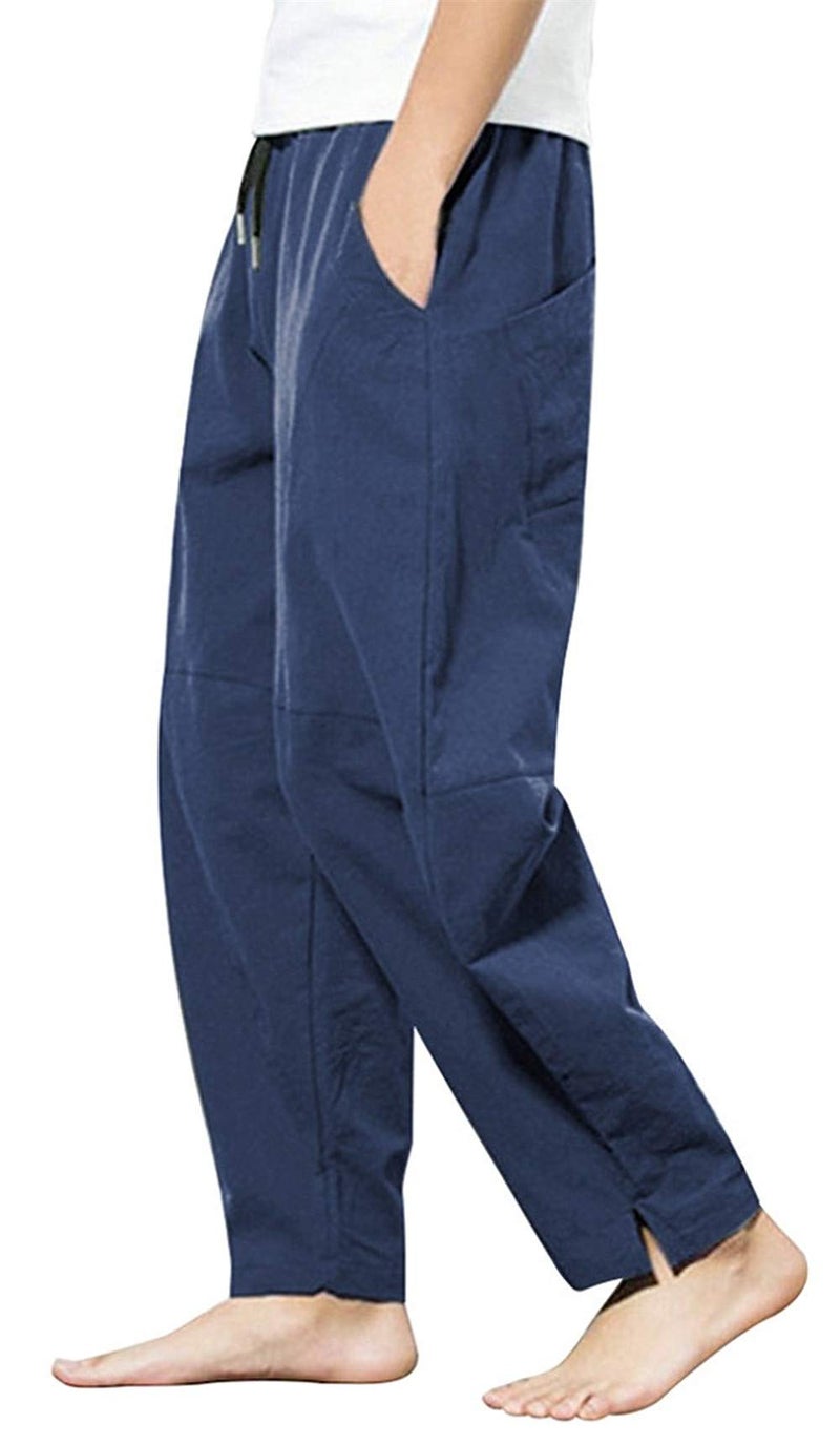 PACEIADTA Mens Cotton Linen Drawstring Pants Elastic Waist Casual Summer Beach Pants (Medium, Navy) - Image 2