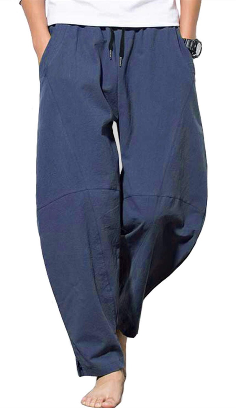 PACEIADTA Mens Cotton Linen Drawstring Pants Elastic Waist Casual Summer Beach Pants (Medium, Navy) - Image 1