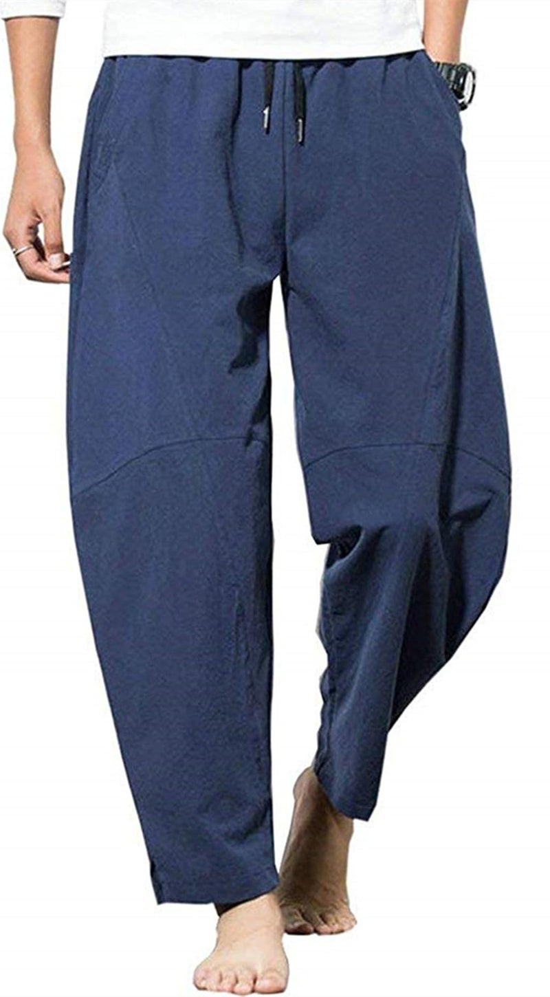PACEIADTA Mens Cotton Linen Drawstring Pants Elastic Waist Casual Summer Beach Pants (Medium, Navy) - Image 4