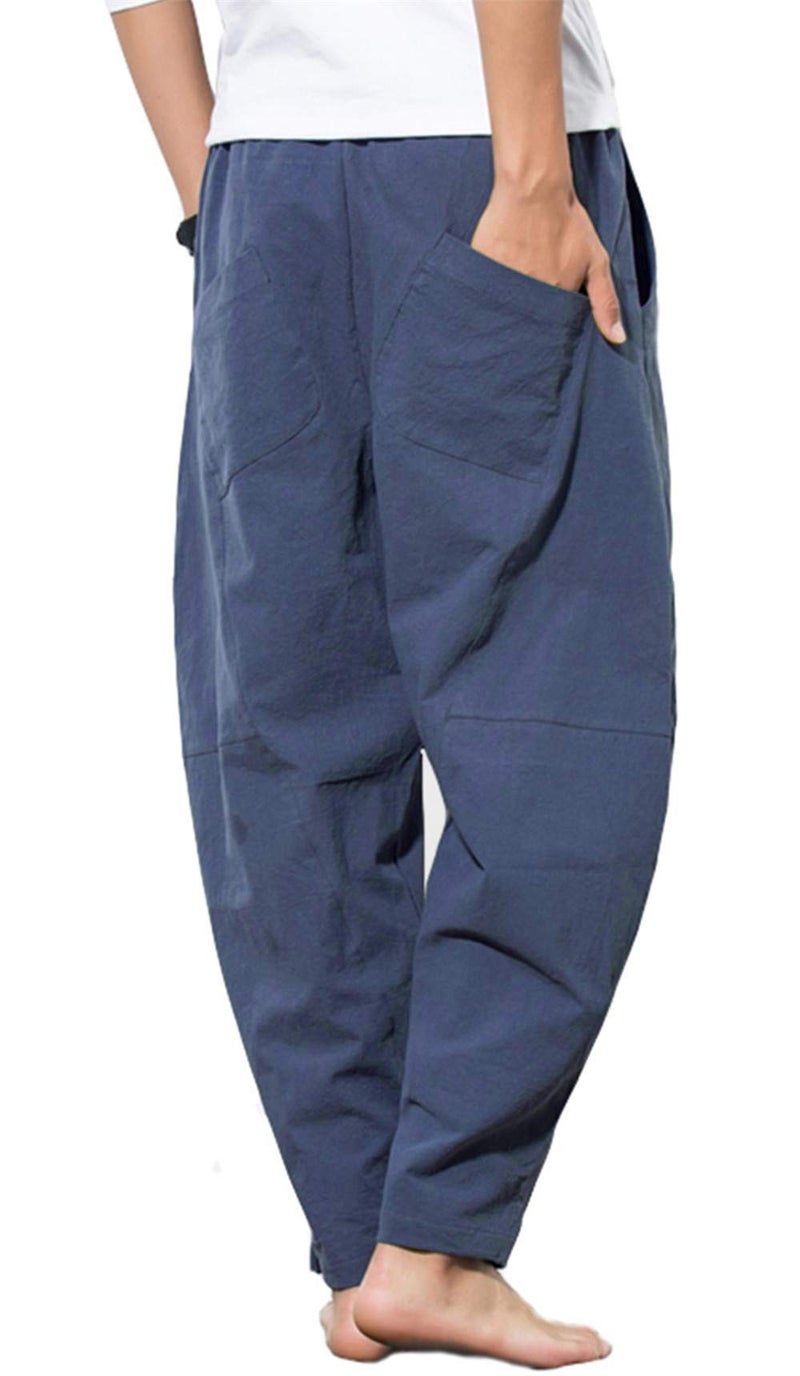 PACEIADTA Mens Cotton Linen Drawstring Pants Elastic Waist Casual Summer Beach Pants (Medium, Navy) - Image 3