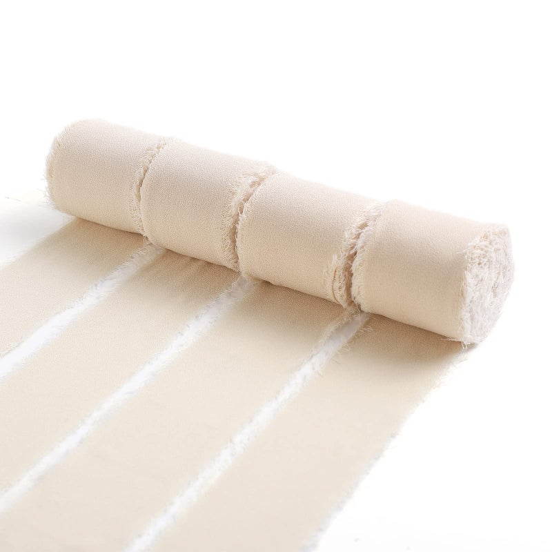 Ewaymado 4 Rolls Champagne Beige Handmade Fringe Chiffon Silk Ribbon 15 x 5Yd Per RollFrayed Edges Ribbon for Gifts WrappingWedding DecorationBridal Bouquets15 X20 Yd Champagne Beige