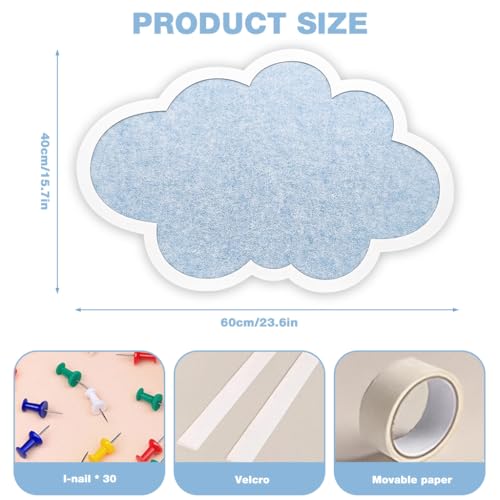OFIFO® Cute Cloud Felt Bulletin Board for Wall, Self-Adhesive Pin Board with 30 Pushpins, Message Display Board for Notes Photos Office Home Decor (Blue) - Image 2