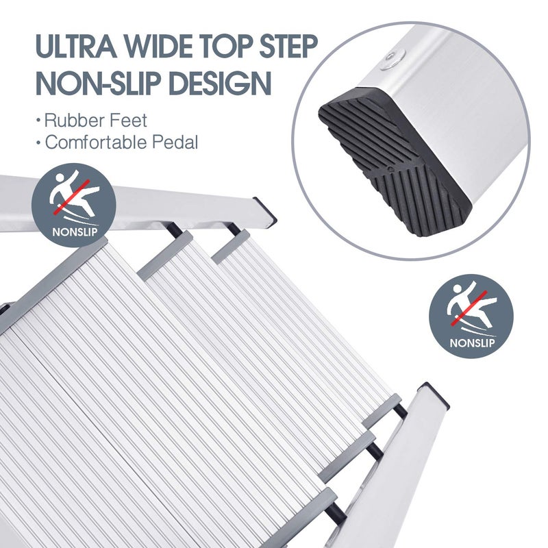 KINGRACK Aluminium 3 Step Ladder, Lightweight Step Stool with Non-Slip Pedals, Handrail, 330 LBS Foldable Step Ladder for Kitchen, Garage, Home, Space Saving, Sturdy and Portable, Silver - Image 3