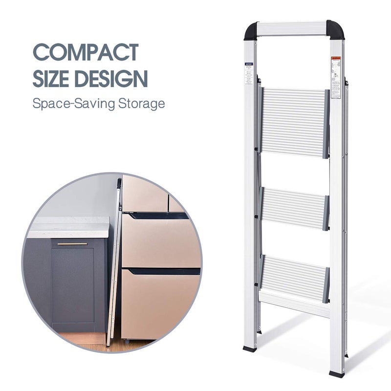 KINGRACK Aluminium 3 Step Ladder, Lightweight Step Stool with Non-Slip Pedals, Handrail, 330 LBS Foldable Step Ladder for Kitchen, Garage, Home, Space Saving, Sturdy and Portable, Silver - Image 2