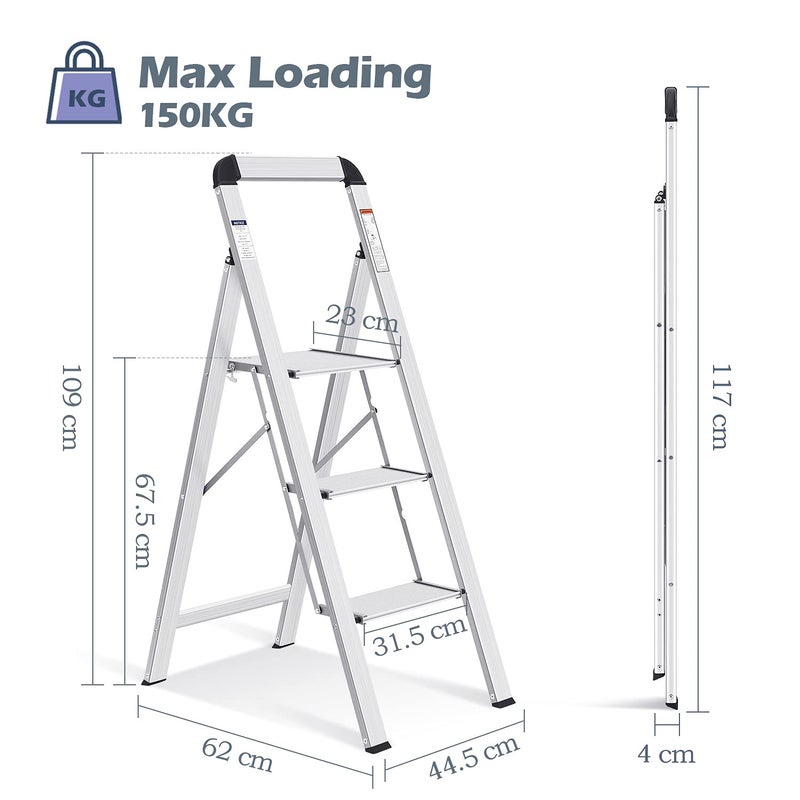 KINGRACK Aluminium 3 Step Ladder, Lightweight Step Stool with Non-Slip Pedals, Handrail, 330 LBS Foldable Step Ladder for Kitchen, Garage, Home, Space Saving, Sturdy and Portable, Silver - Image 4