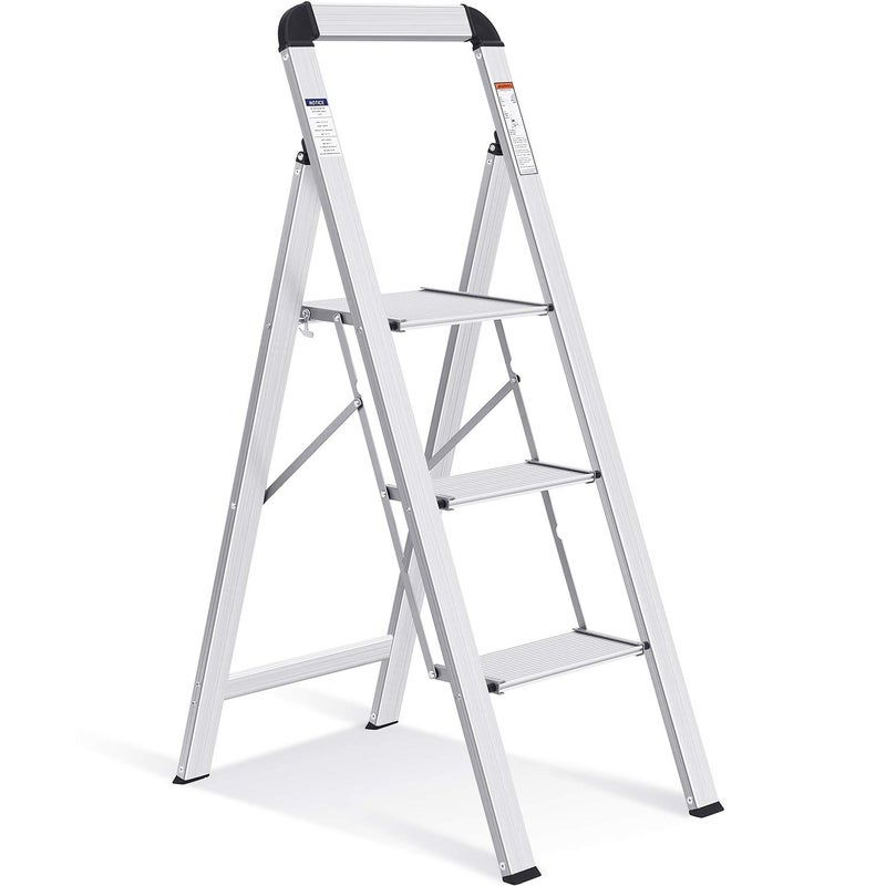 KINGRACK Aluminium 3 Step Ladder, Lightweight Step Stool with Non-Slip Pedals, Handrail, 330 LBS Foldable Step Ladder for Kitchen, Garage, Home, Space Saving, Sturdy and Portable, Silver - Image 1