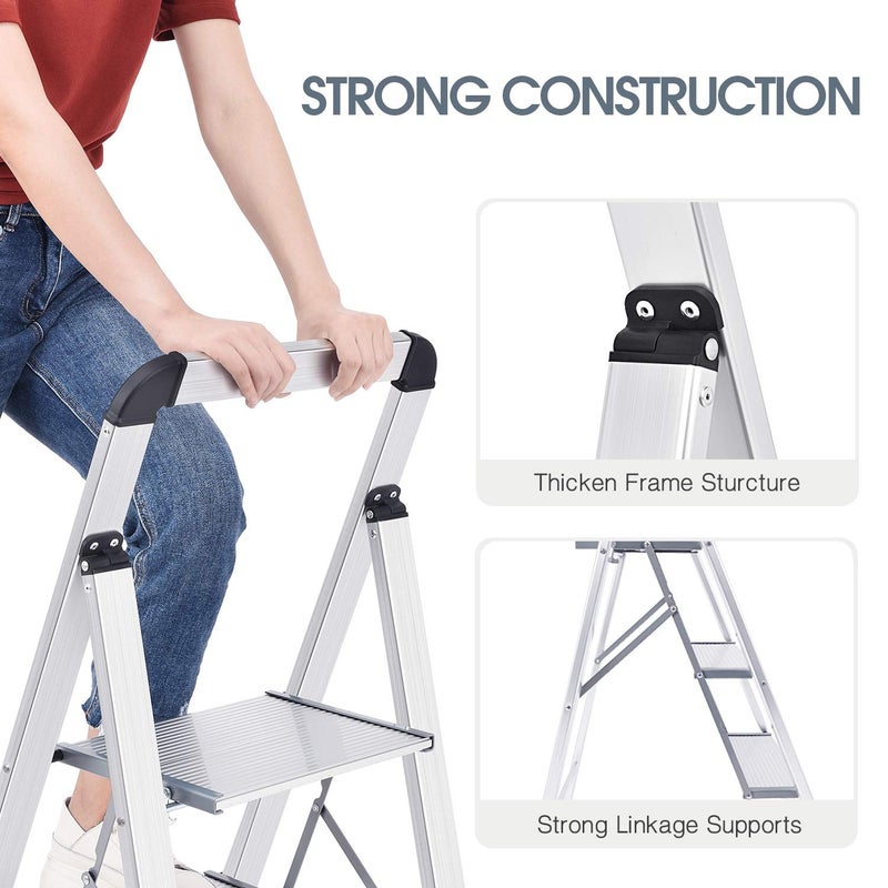 KINGRACK Aluminium 3 Step Ladder, Lightweight Step Stool with Non-Slip Pedals, Handrail, 330 LBS Foldable Step Ladder for Kitchen, Garage, Home, Space Saving, Sturdy and Portable, Silver - Image 5