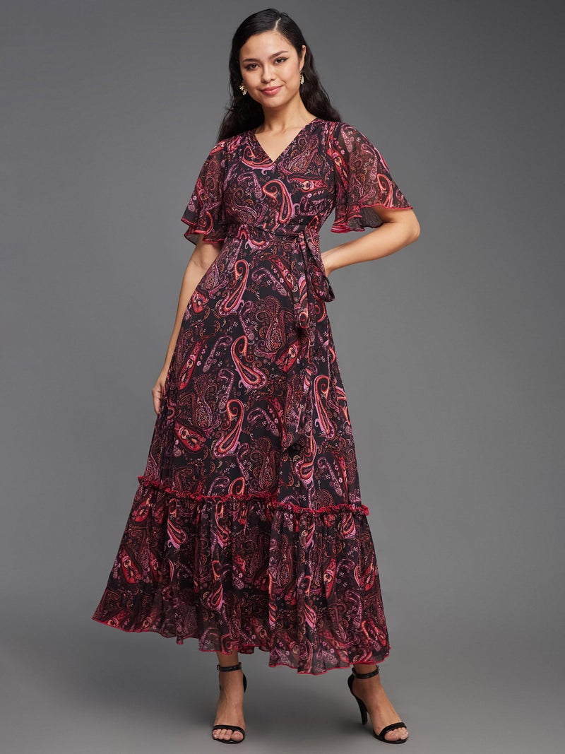 Miss Chase Women's Bohemian V-Neck Flutter Sleeve Chiffon Relaxed Fit Wrap Maxi Dress with Pockets (MCAW21D06-14-171-07, Multicolored-Base-Black, 2XL) - Image 2