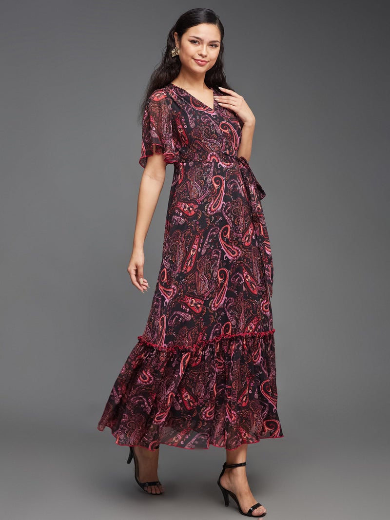 Miss Chase Women's Bohemian V-Neck Flutter Sleeve Chiffon Relaxed Fit Wrap Maxi Dress with Pockets (MCAW21D06-14-171-07, Multicolored-Base-Black, 2XL) - Image 3