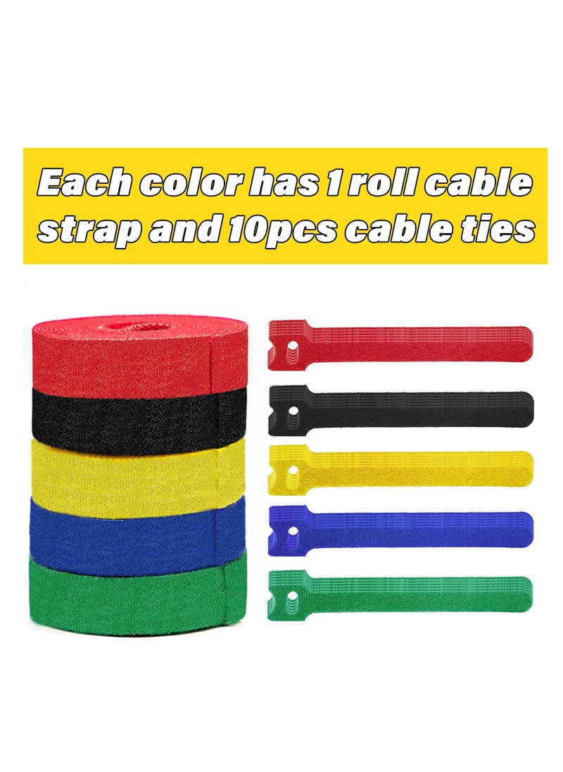 Generic Reusable 50-Piece Fastening Cable Ties and 5 Rolls Cord Straps for Managing Wire Ties Hook Loop Organizer with Assorted Color  - Image 2