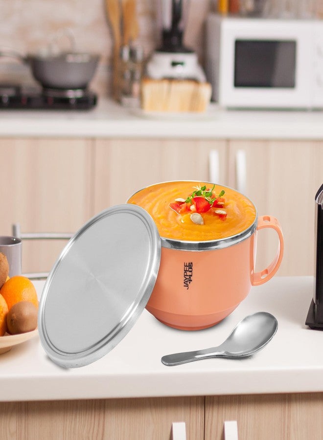 Jaypee Plus Stainless Steel Solid Soup Container/Bowl With Steel Lid & Steel Spoon With Holder Orange, 700 ml - Image 2