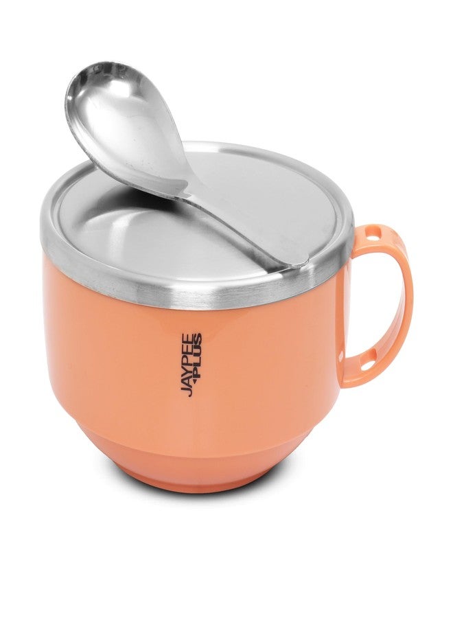 Jaypee Plus Stainless Steel Solid Soup Container/Bowl With Steel Lid & Steel Spoon With Holder Orange, 700 ml - Image 1