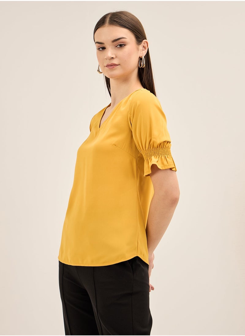 Salt Attire Women's V-Neck Top with Elegant Elbow-Length Smocked Sleeves and Back Neck Closure, Perfect for Polished Workwear, Effortless Casual, or Evening Outfits  - Image 4