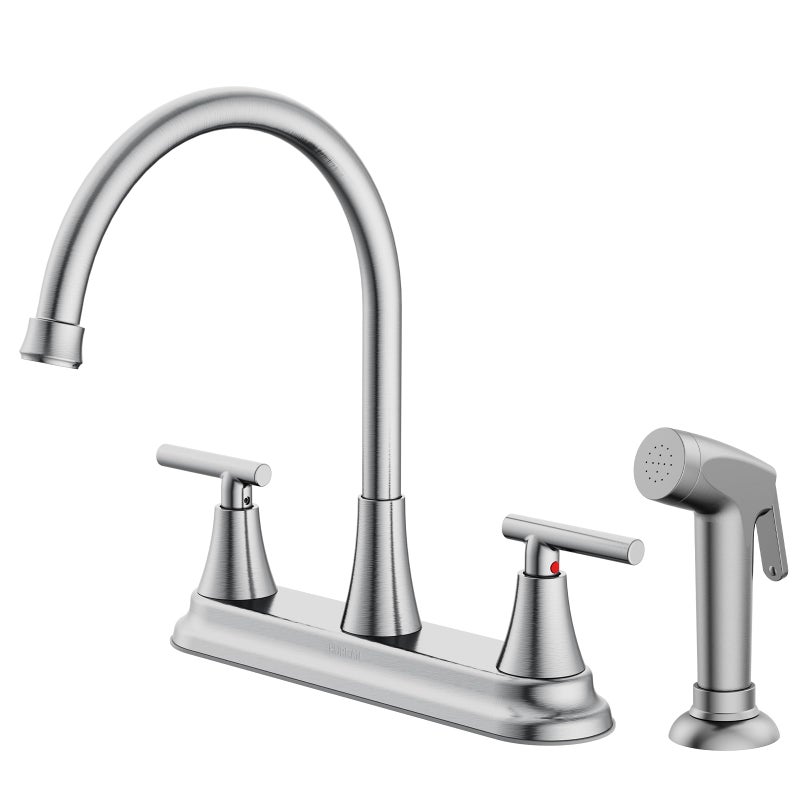 HURRAN 2-Handle Kitchen Faucet with Pull-Out Side Sprayer, 8 Inch High Arch Stainless Steel 360Â°Rotating Kitchen Sink Faucet, 4 Hole Faucet for Kitchen Bar Rv Camper, Nickel - Image 1