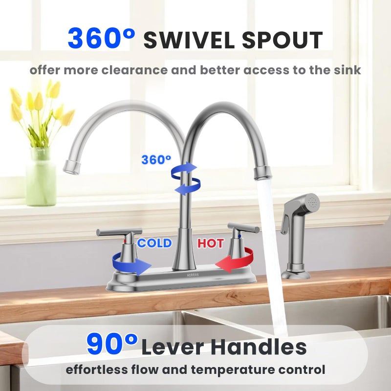 HURRAN 2-Handle Kitchen Faucet with Pull-Out Side Sprayer, 8 Inch High Arch Stainless Steel 360Â°Rotating Kitchen Sink Faucet, 4 Hole Faucet for Kitchen Bar Rv Camper, Nickel - Image 5