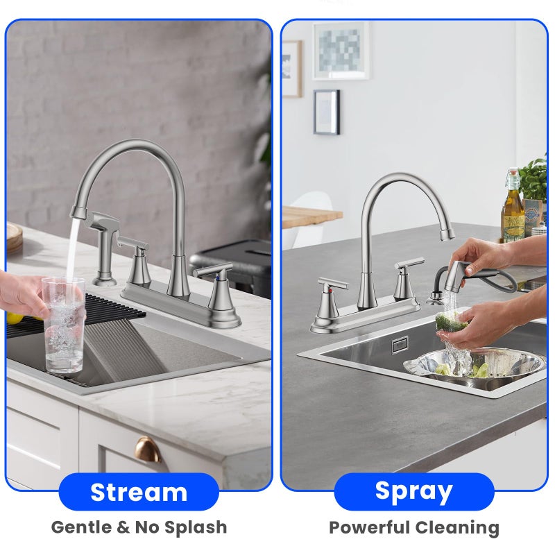 HURRAN 2-Handle Kitchen Faucet with Pull-Out Side Sprayer, 8 Inch High Arch Stainless Steel 360Â°Rotating Kitchen Sink Faucet, 4 Hole Faucet for Kitchen Bar Rv Camper, Nickel - Image 3
